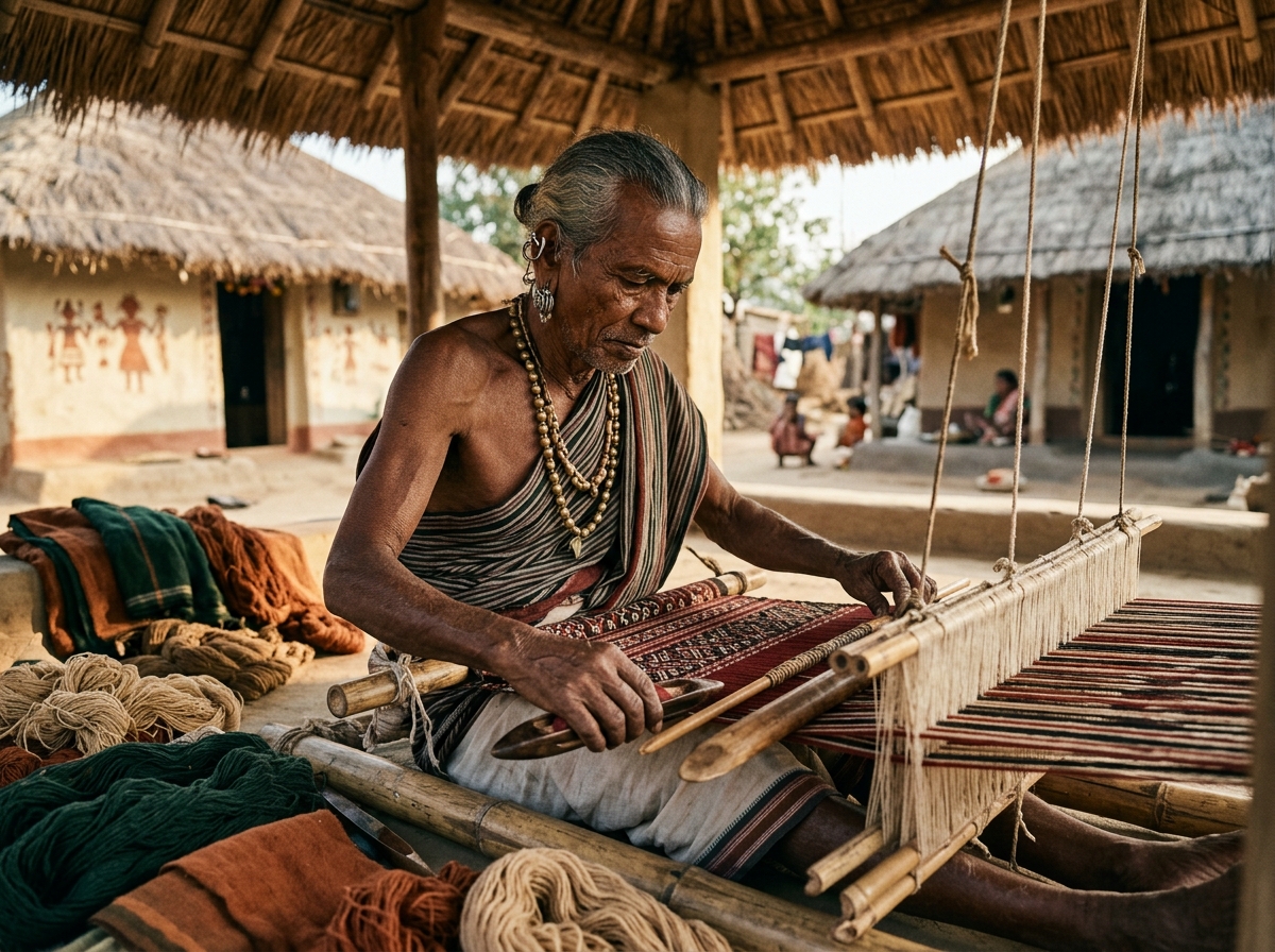 Traditional Sora tribal elder artisan weaving cultural textile in Odisha