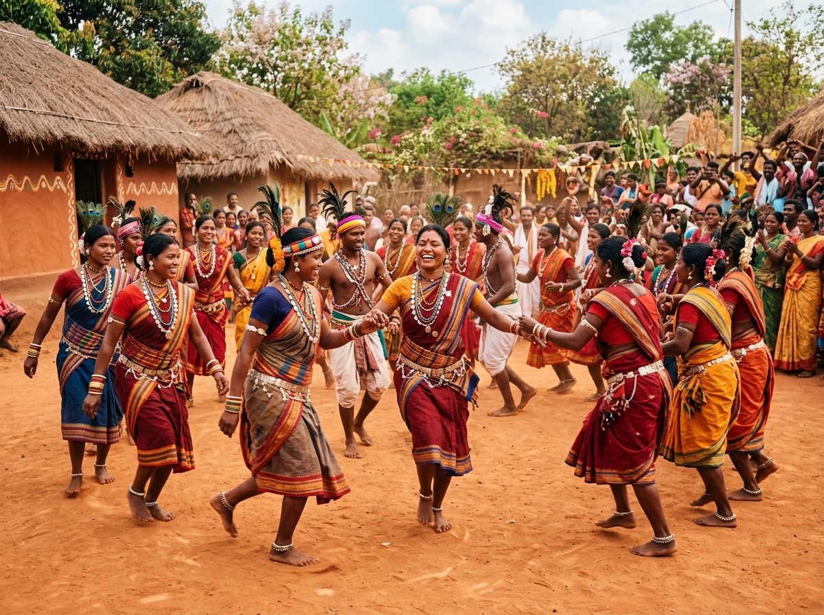 Traditional Sora tribal dancers in colorful attire performing during spring festival