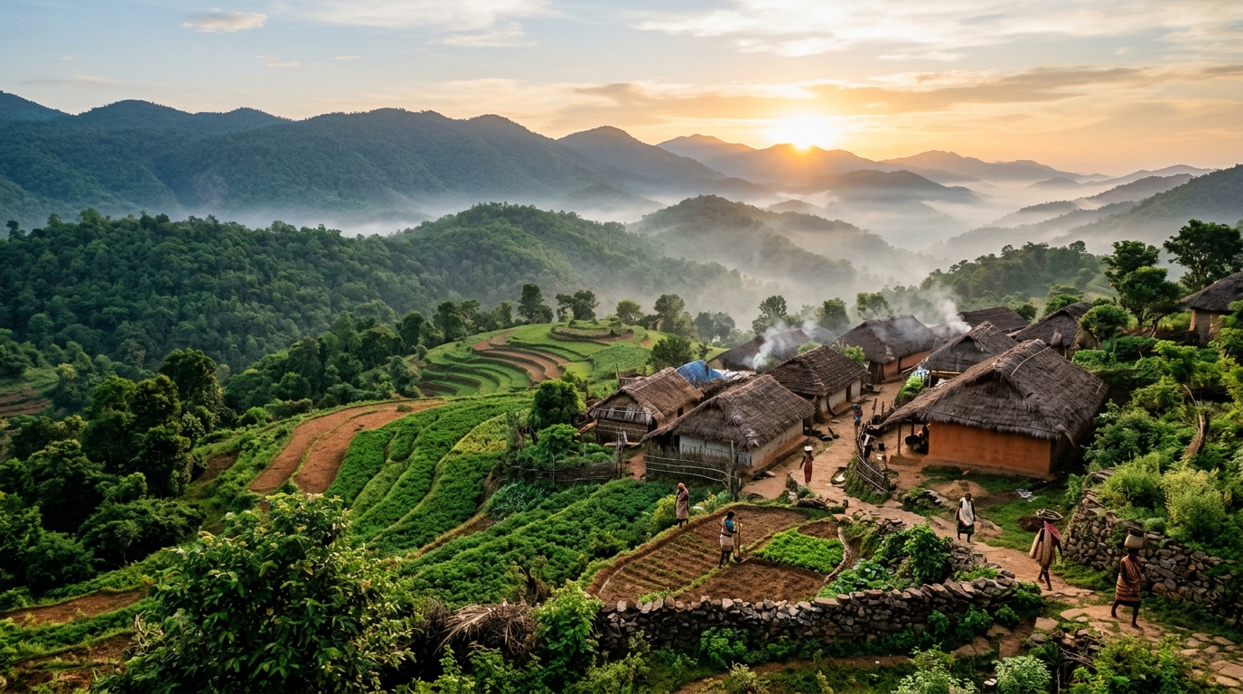 Eastern Ghats hills of Odisha with traditional Sora village landscape