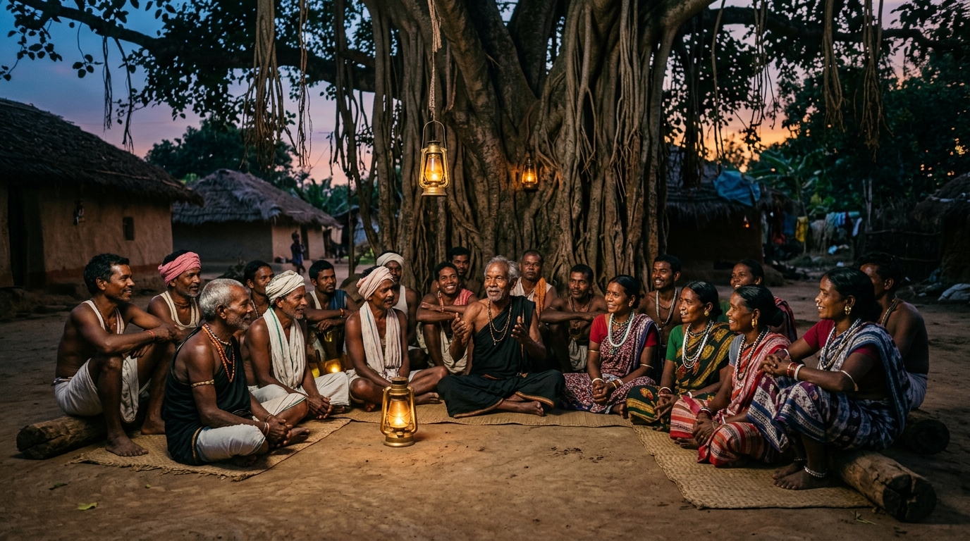 Sora tribal elders gathering in village square telling stories at dusk